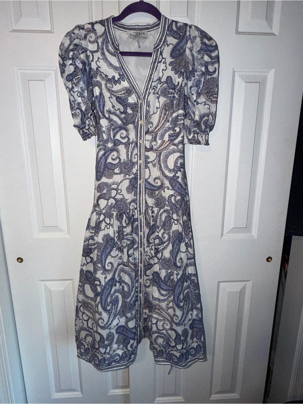 Hale Bob Phaedra Paisley Button-Front Midi Dress in Blue & Cream